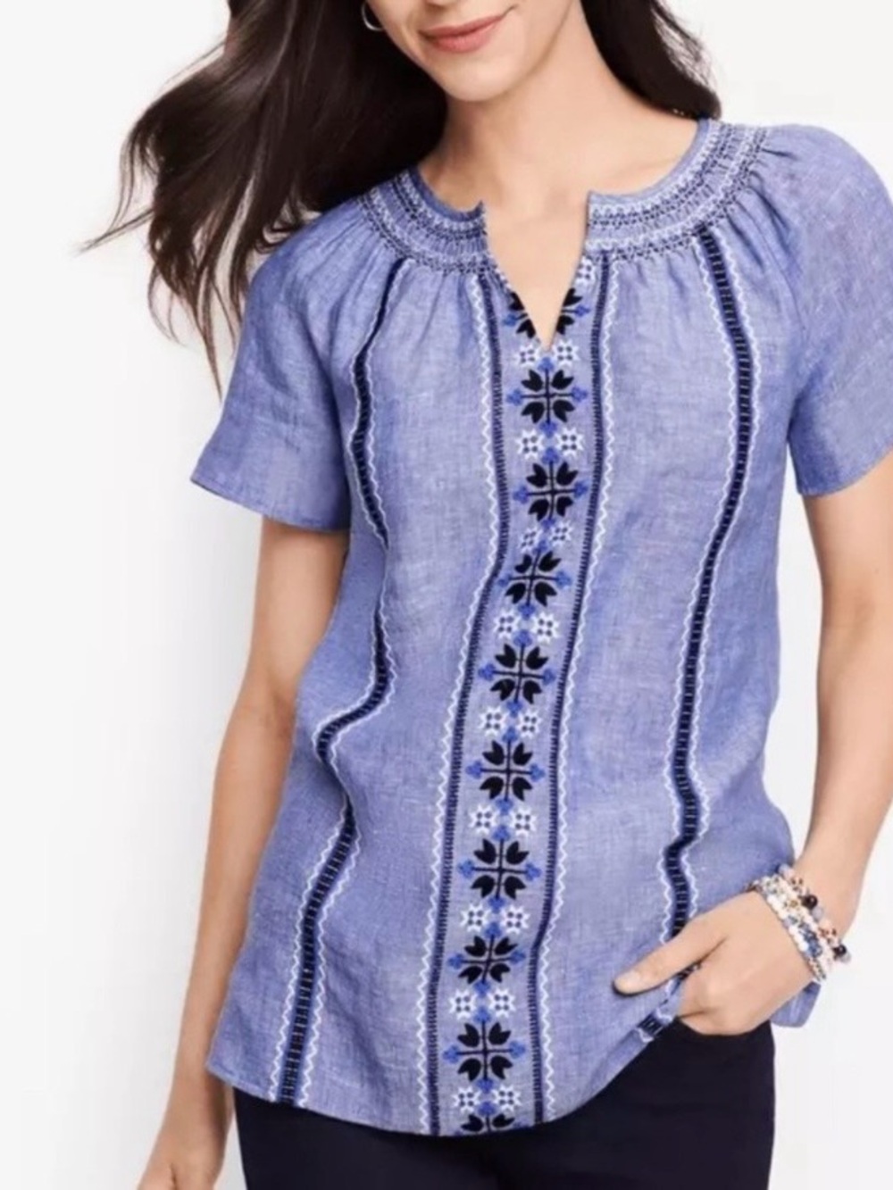 Talbots Embroidered Short-Sleeve 100% Linen Top - Blue Medium